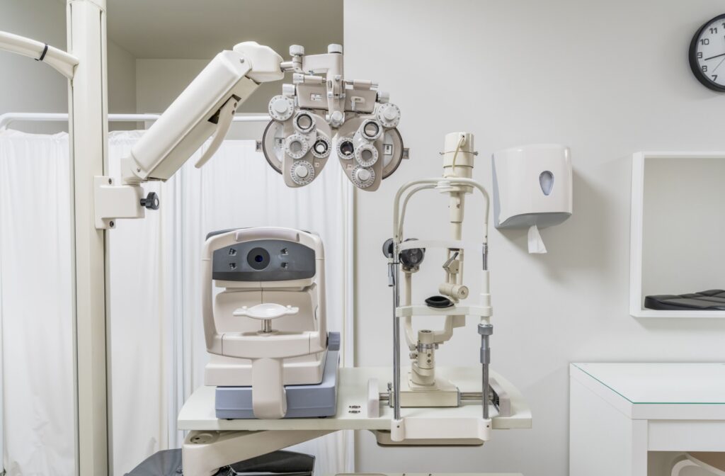 A view of an eye exam room at an optometry clinic.