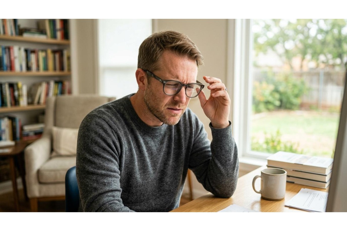 A middle-aged man with short brown hair and a beard, wearing glasses and a grey sweater, sits at a desk looking at a computer screen with a strained, squinting expression, suggesting discomfort or digital eye strain.