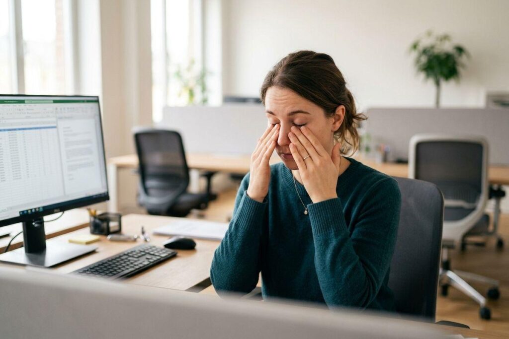 Adult sitting at an office desk, pressing both hands over closed eyes, with a desktop computer and keyboard in front of them.
