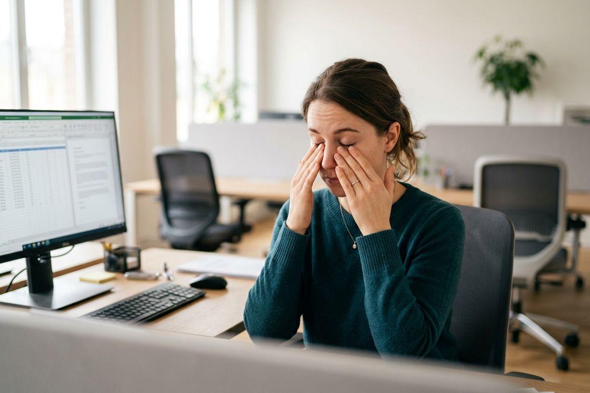Adult sitting at an office desk, pressing both hands over closed eyes, with a desktop computer and keyboard in front of them.