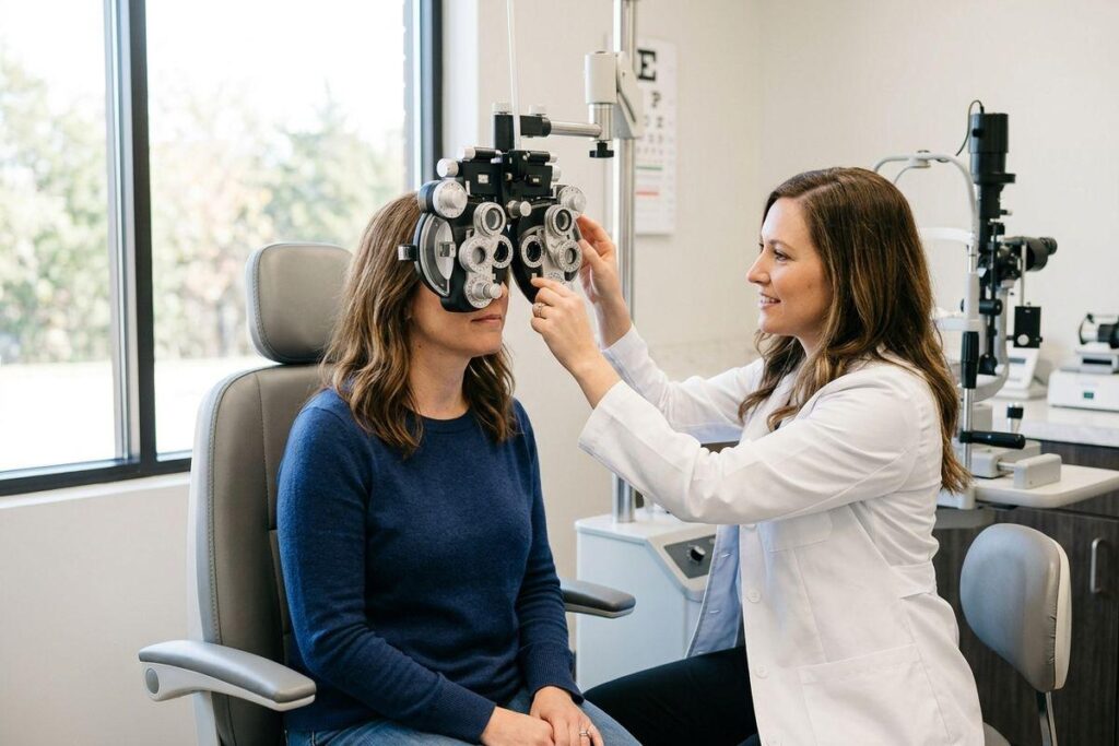 Optometrist adjusts a phoropter over a seated patient's eyes during an exam, smiling.