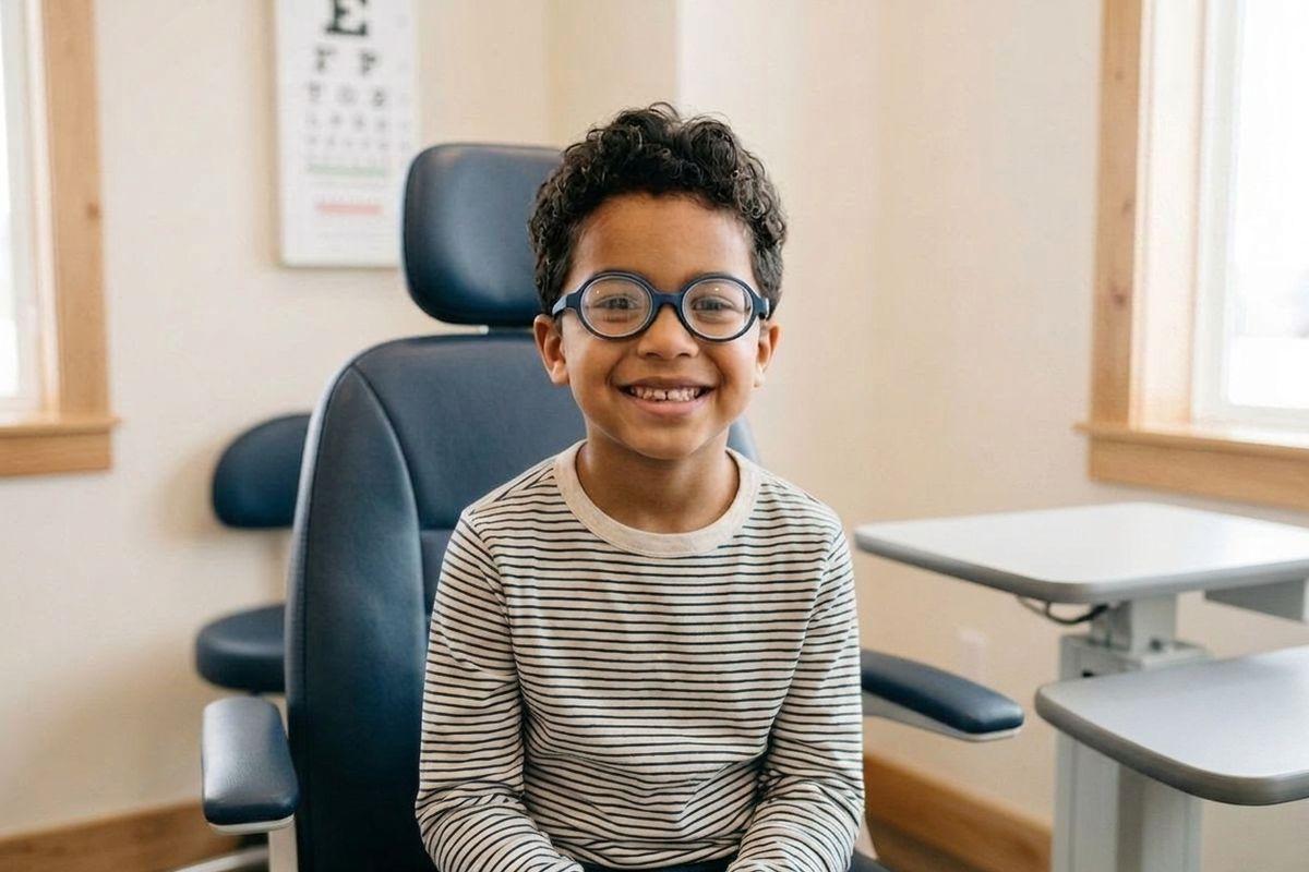 Smiling child wearing round glasses sits in an exam chair in an eye exam room with a Snellen chart on the wall behind them.