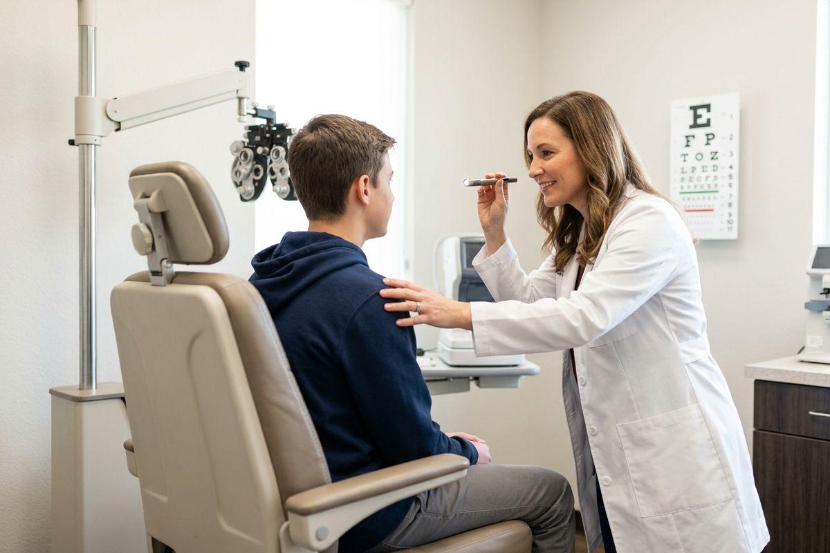 Smiling optometrist shines a penlight at a young person's eye during an exam, with a phoropter and eye chart visible.