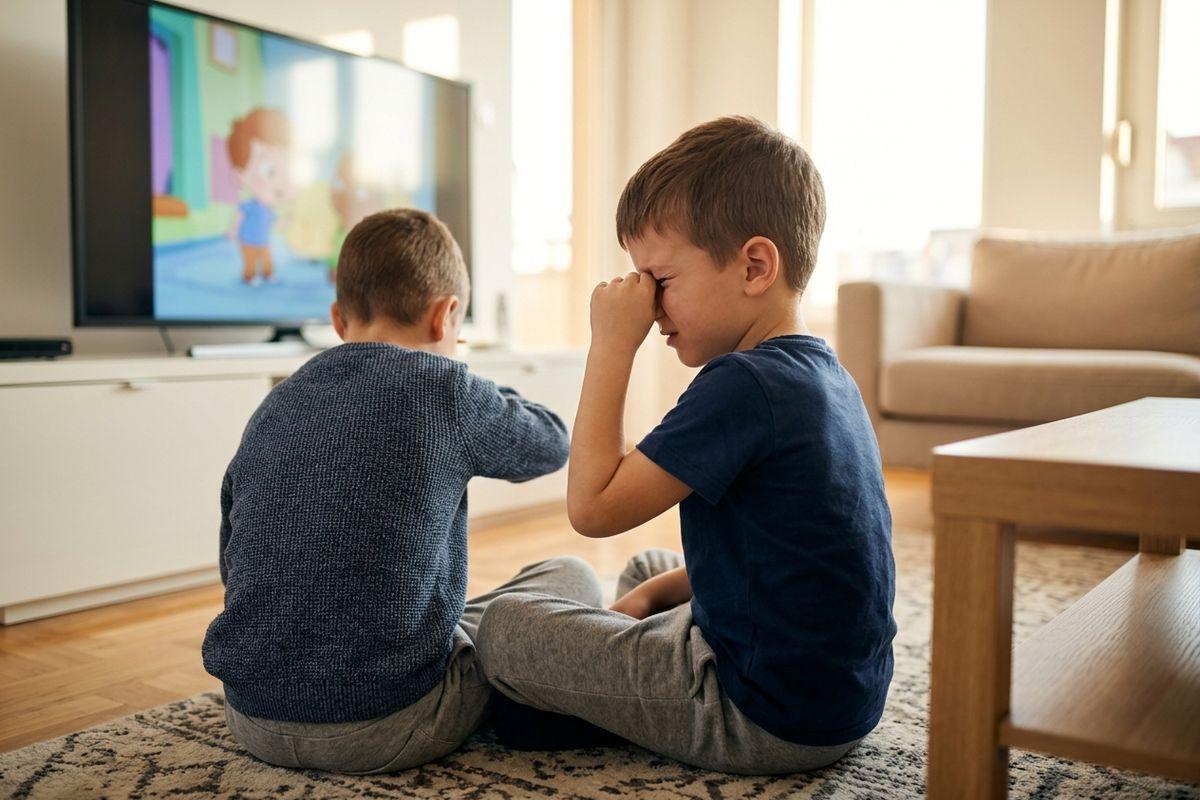 Two children sit on floor near a TV; one rubs their eyes while the other watches a cartoon.