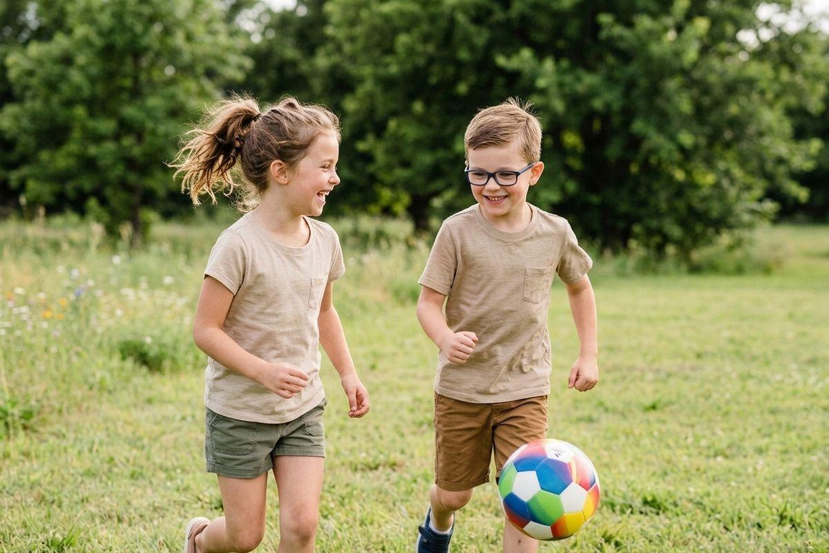 Two smiling children running and playing with a colorful soccer ball on a grassy field, trees in the background.