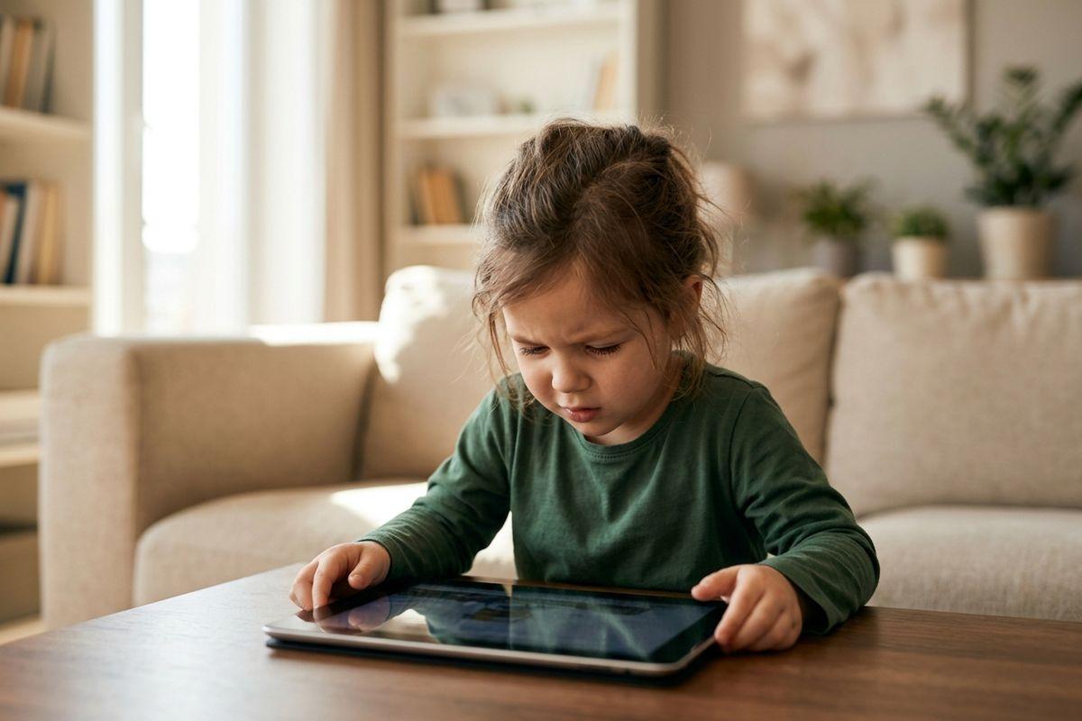 Child using a tablet on a wooden table in a living room, frowning with focus.