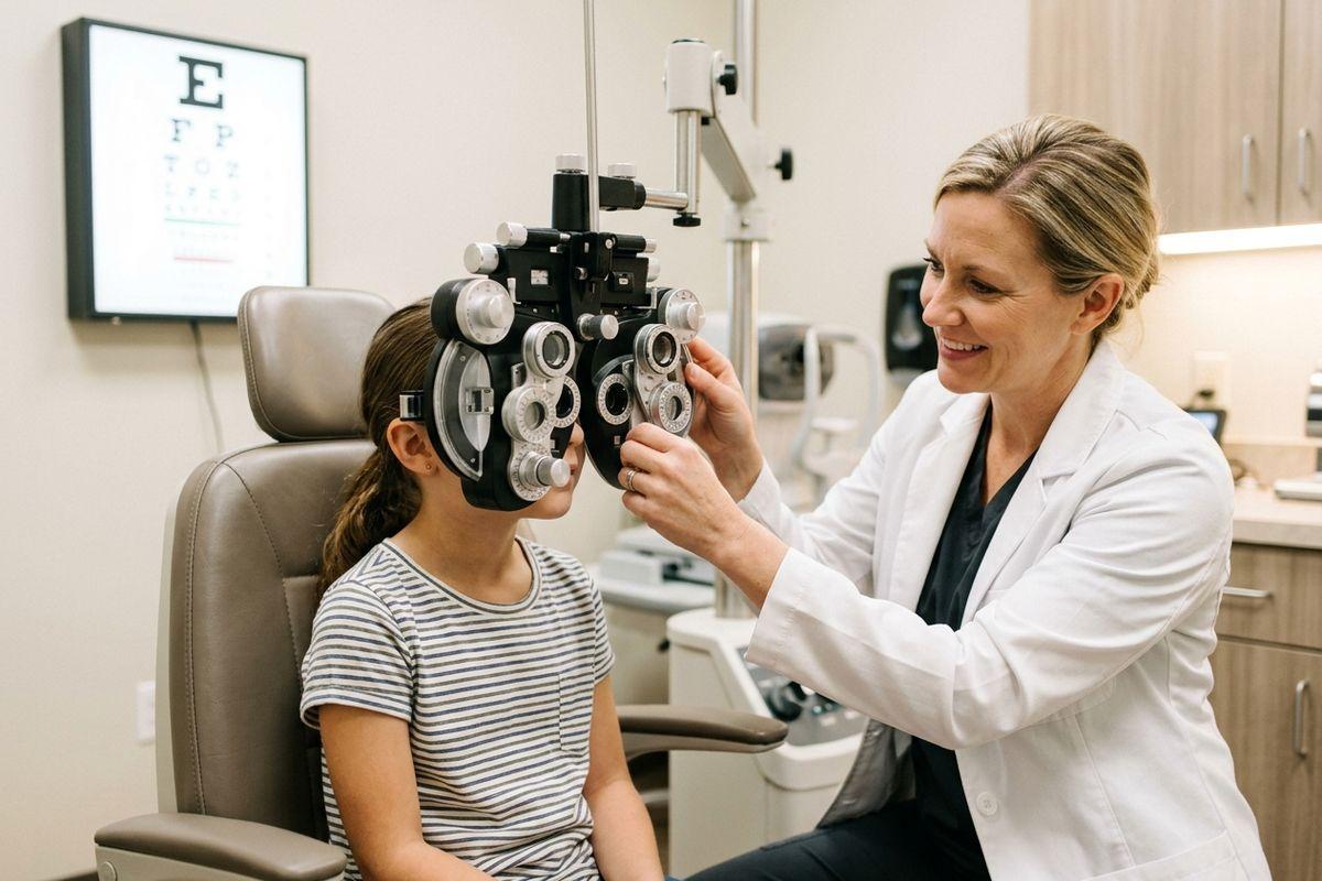 Optometrist smiling while a child looks through a phoropter during an eye exam, with an eye chart on the wall.