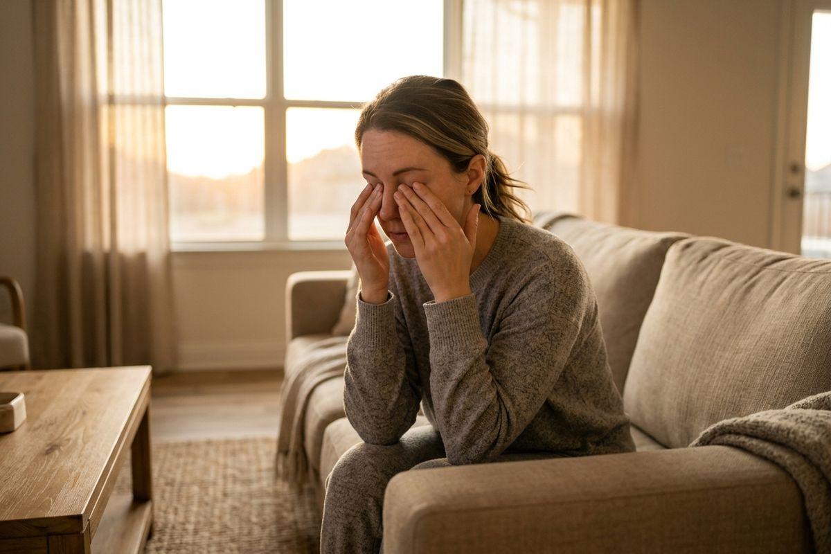 Person in gray sweater sitting on a couch, rubbing both eyes, by a sunlit window in a living room.