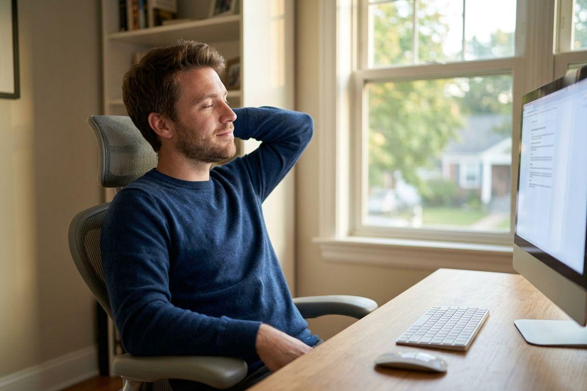 Person leaning back in an office chair with eyes closed and hand behind head, at a desk with computer near a window.