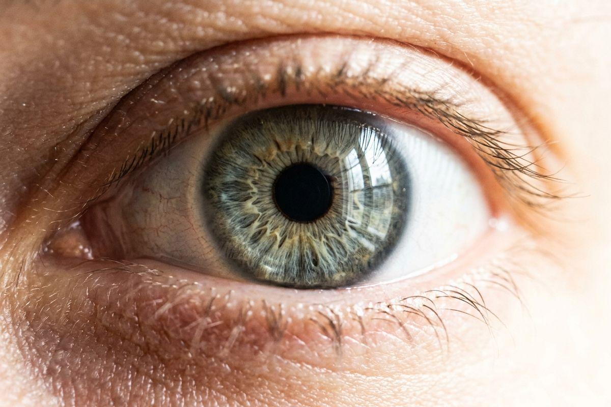 Close-up macro photo of a human eye with a green-grey iris, dark pupil, and visible eyelashes against light skin.