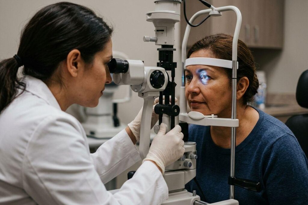 Optometrist examines an adult patient's eye using a slit lamp in a clinic, with blue light visible on the patient's eye.